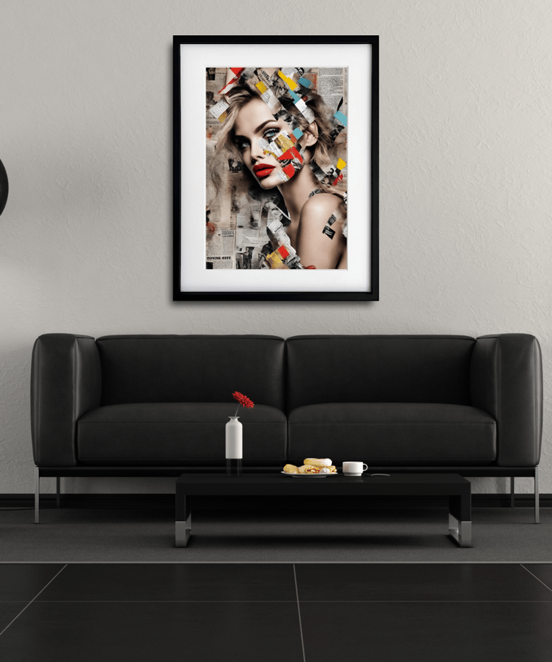 ニュースペーパーを抽象的にコラージュした『Creativity』。A4〜A2額縁