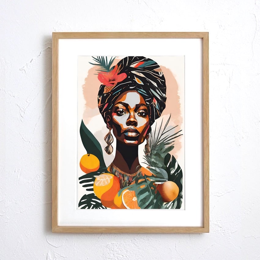Wild｜アフリカン女性を描いたトロピカルボタニカルアート｜南国カラー