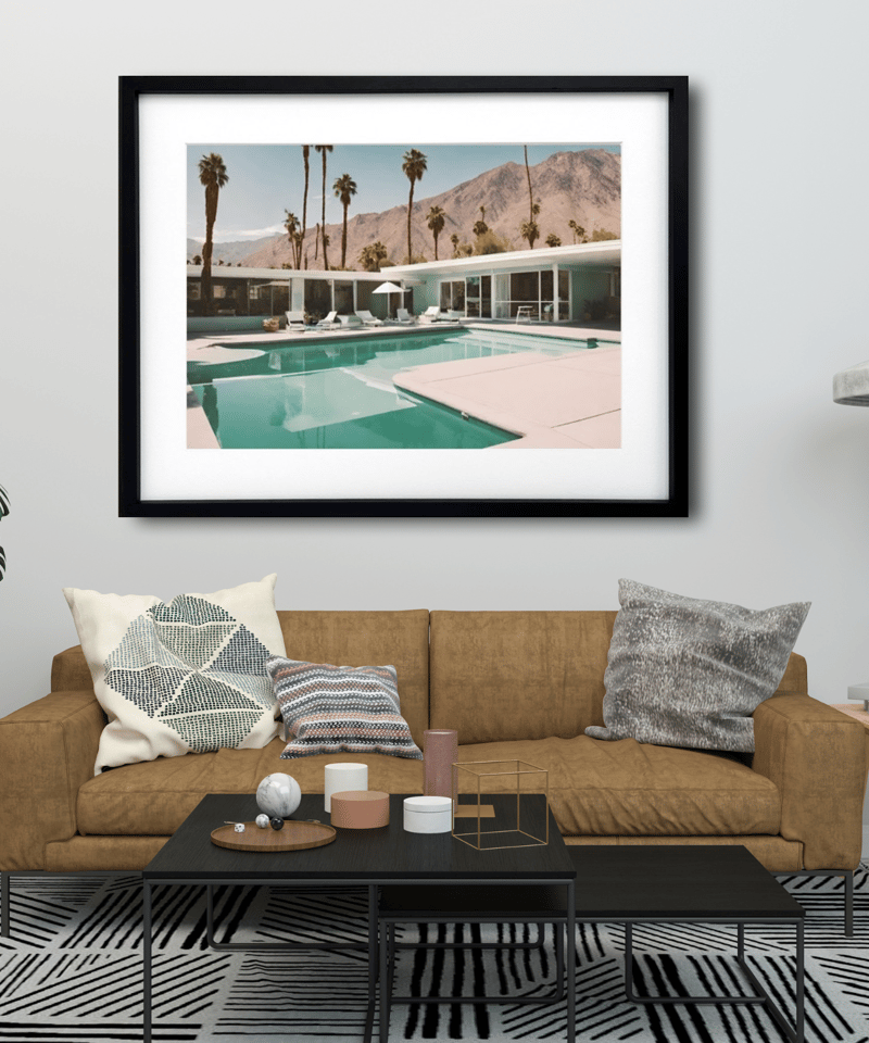 西海岸のプールサイドを描くレトロアート『Poolside』。額縁