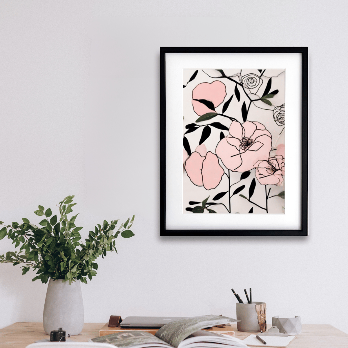 【原画】ボタニカルラインアート約24cm x 24cm 北欧テイスト　ギフト 原画】ボタニカルラインアート約24cm x 24cm 北欧テイスト