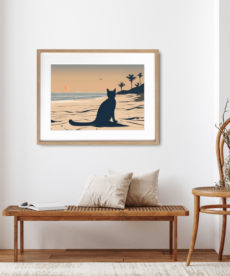 夕焼けを眺める黒猫｜海辺のサンセットに佇む癒しのシルエットアート