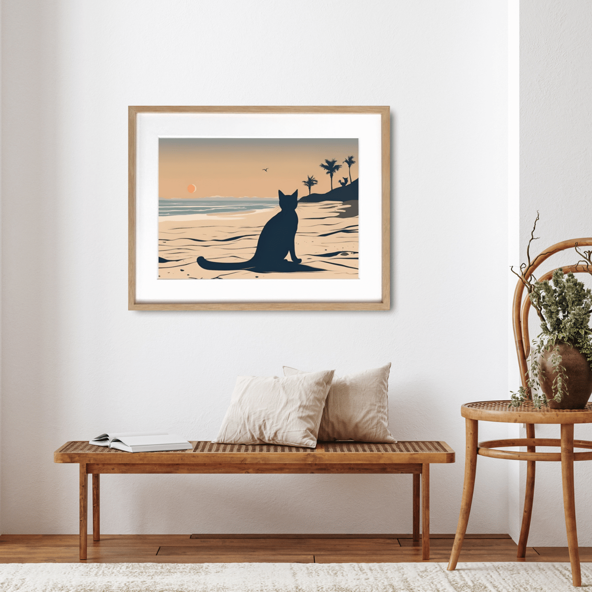 夕焼けを眺める黒猫｜海辺のサンセットに佇む癒しのシルエットアート