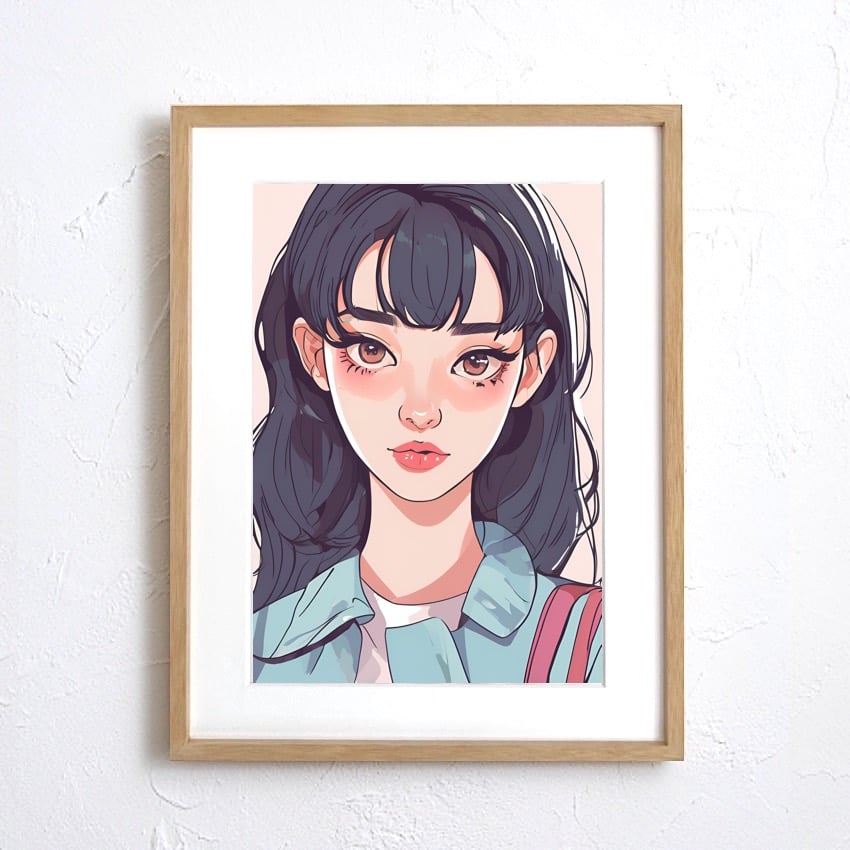 イラスト　ポップ画　オリジナル　アニメ風　自作画 Long Hair Girl｜ロングヘアの少女を描いたレトロポップアート