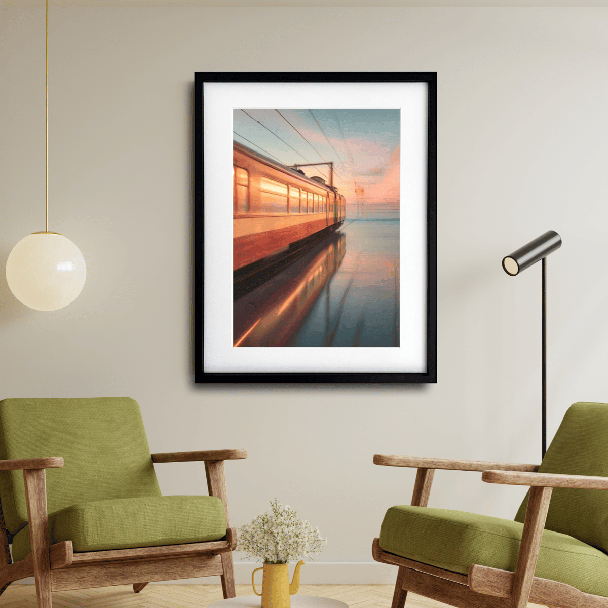 湖を走る電車 ヒーリング アート 風景 水平線 神秘 幻想 レイン 自然