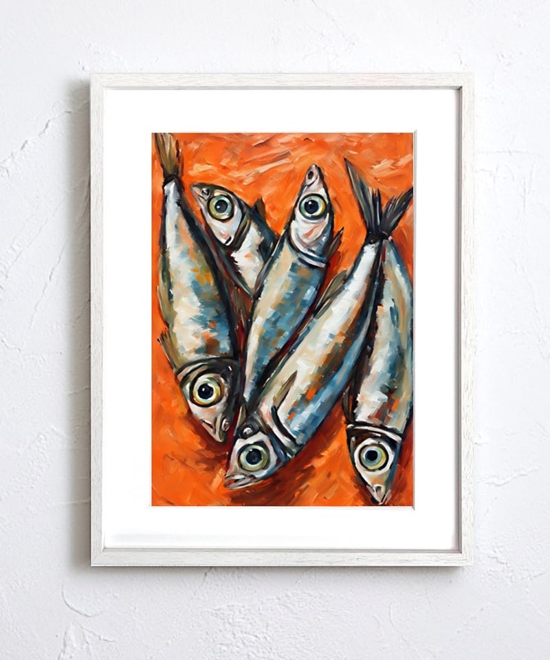 Silver Eyes｜鮮烈なオレンジと銀色の魚たちが躍るポップアート