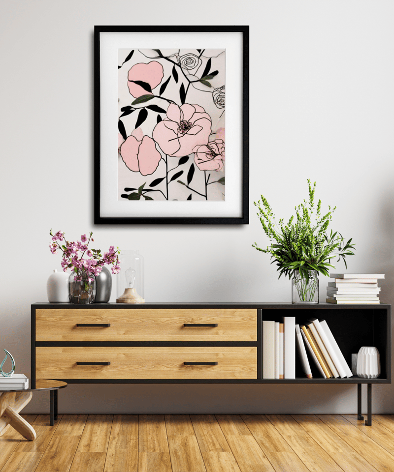 ラフな花の線画とリアルな質感が融合した北欧アートポスター。A4
