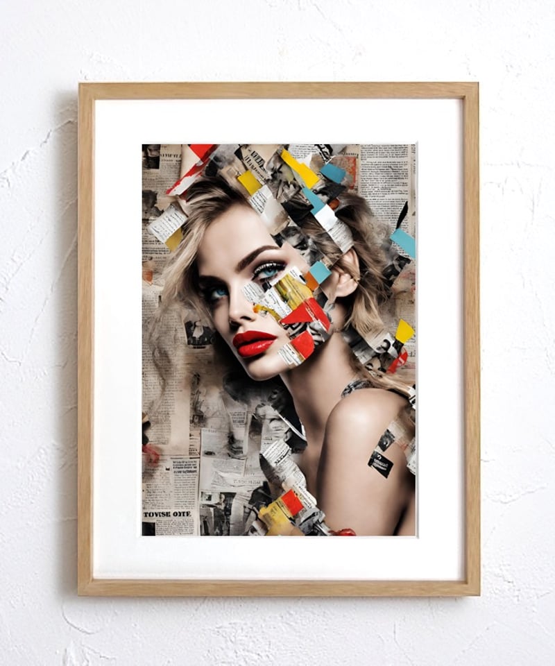 ニュースペーパーを抽象的にコラージュした『Creativity』。A4〜A2額縁