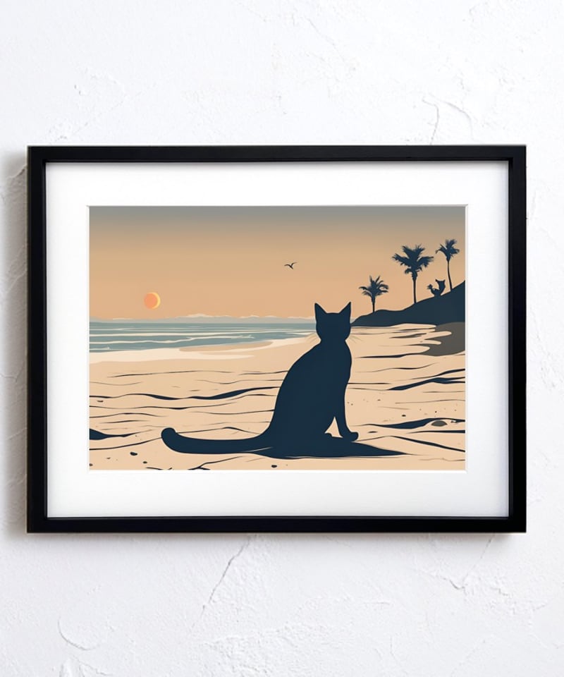 猫のシルエットアート 夕日 夕焼けを眺める黒猫｜海辺のサンセットに佇む癒しのシルエットアート