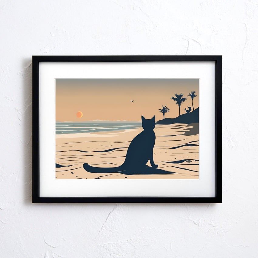 絵画 インテリア 額付(黒）油絵 uF6-070919 夕陽 朝陽 猫の親子 絵画 オイル ペイント アート「カラフル キャット(Sサイズ)」/猫