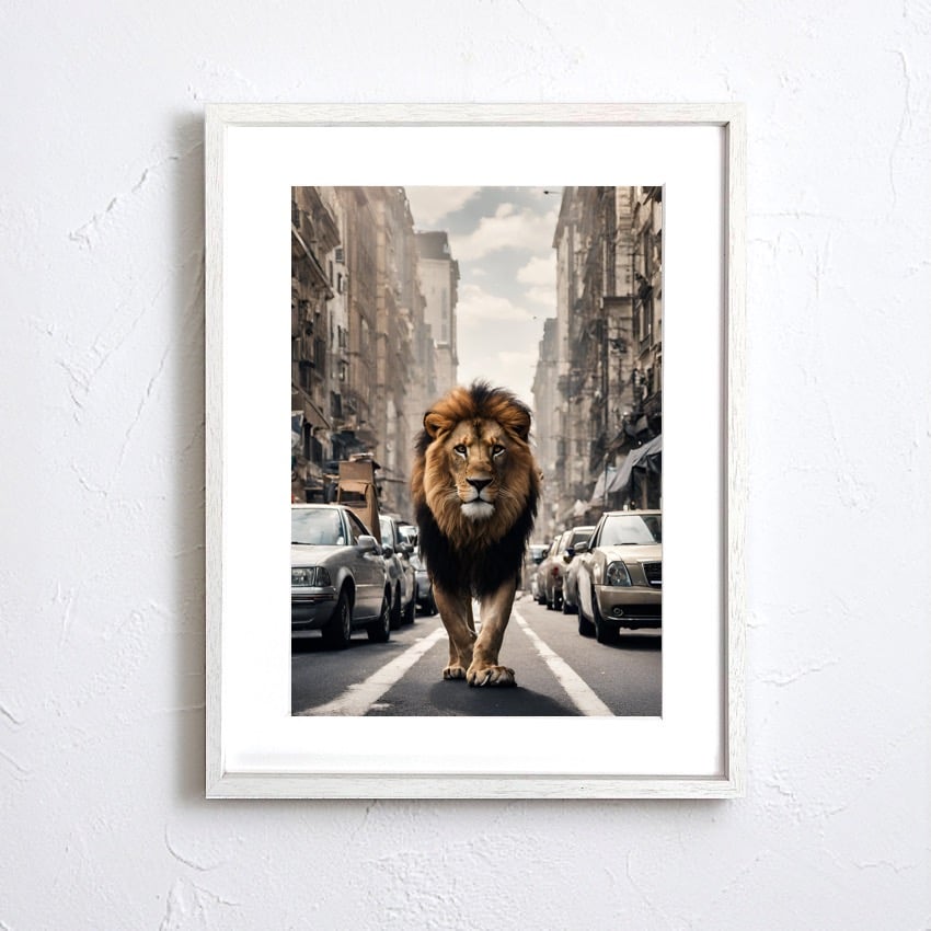 Lion Trip｜都会を旅するライオンのユニークアートポスター｜木製額縁