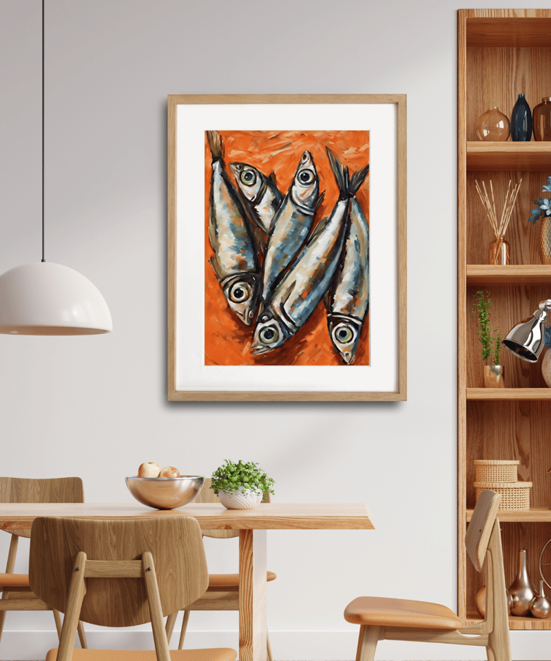 Silver Eyes｜鮮烈なオレンジと銀色の魚たちが躍るポップアート