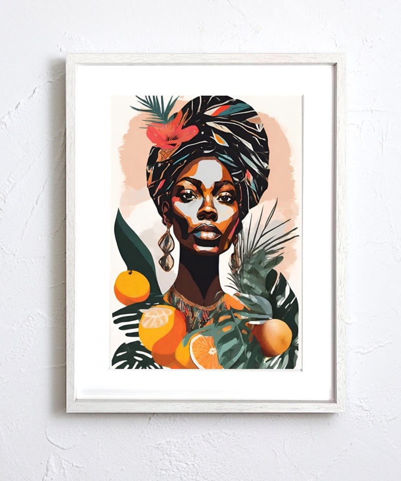 Wild｜アフリカン女性を描いたトロピカルボタニカルアート｜南国カラー