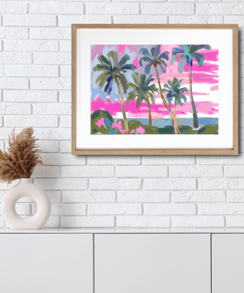 夕暮れのサンセットビーチを油絵調で描いたアートポスター。A4