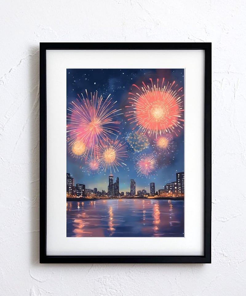 花火｜都会夜景に咲く大輪の花火アートポスター｜和モダン×幻想的