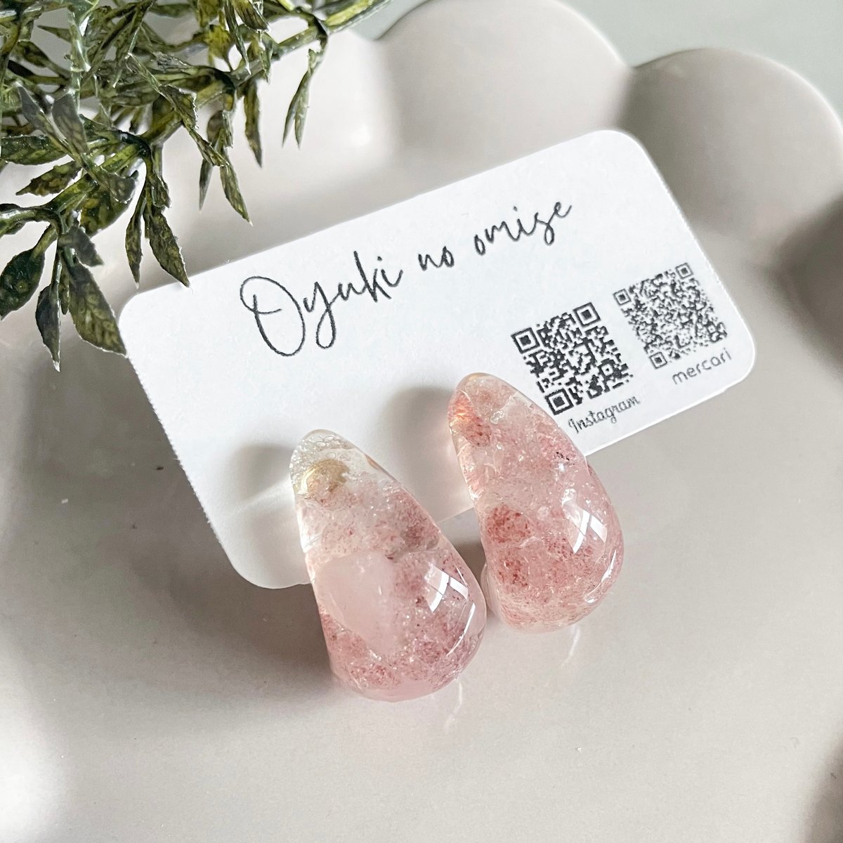 ストロベリークォーツ、ローズクォーツしずく型ピアス＆イヤリング