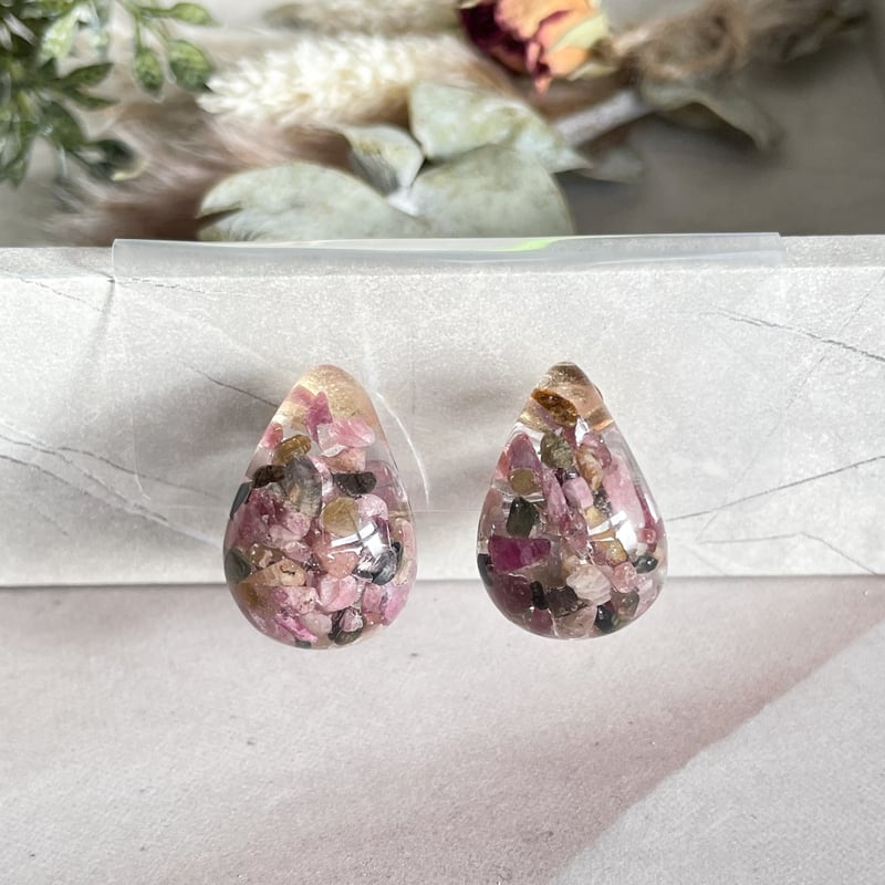 ミックストルマリンのしずく型ピアス＆イヤリング レジン天然石ピアス