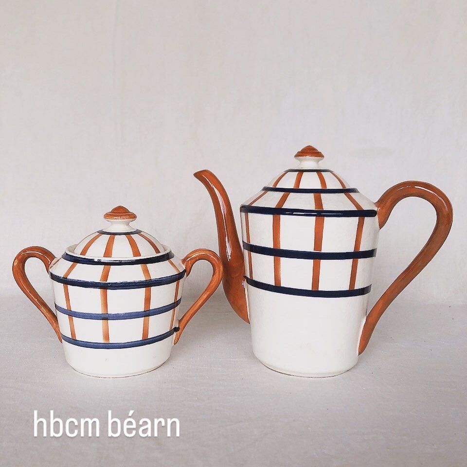 レア☆HBCM Béarnべアン バスク柄コーヒーポット 蓋なし マロンxブルー