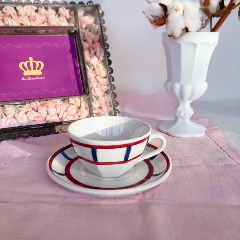 フランスアンティーク食器　バスク柄 フランスアンティーク バスク柄 カップ＆ソーサー「レッドx