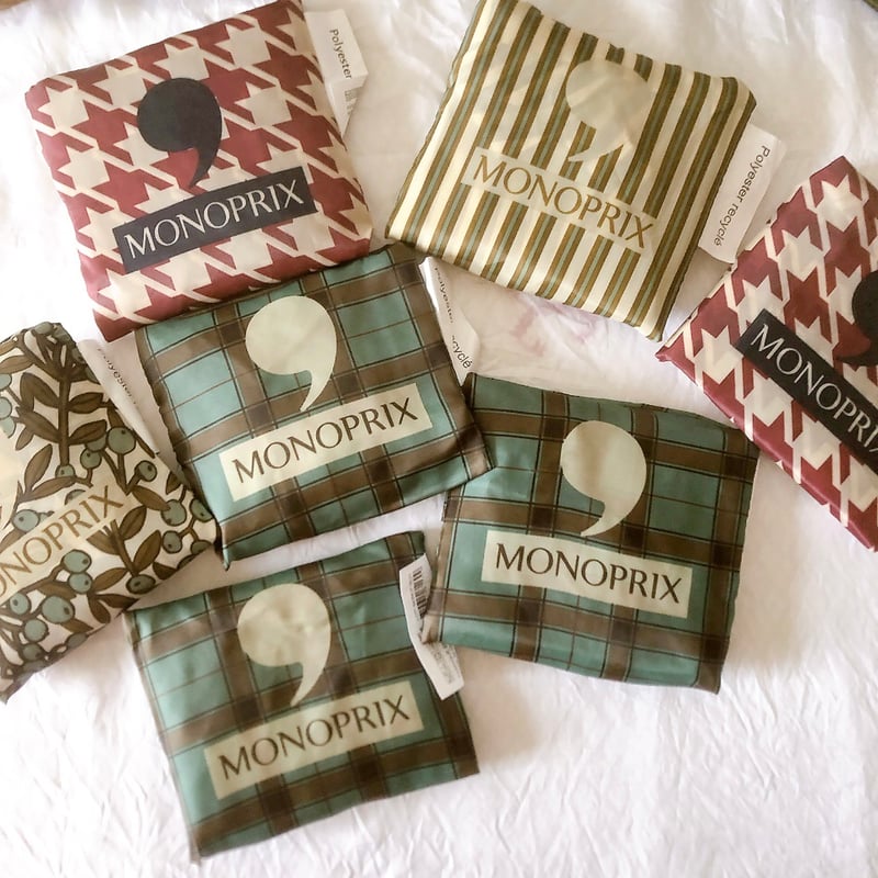 モノプリエコバッグ グリーンxマロン チェック柄 フランス土産 新品