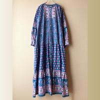 インド ブロックプリント柄 ロングシャツワンピース ブルー