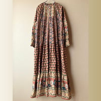インド ブロックプリント柄 ロングシャツワンピース ブラウン