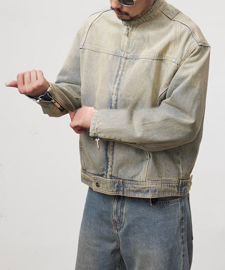 Vintage-Wash Stand-Up Collar Denim Jacket / 2color
