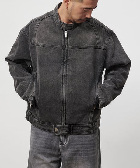 Vintage-Wash Stand-Up Collar Denim Jacket / 2color