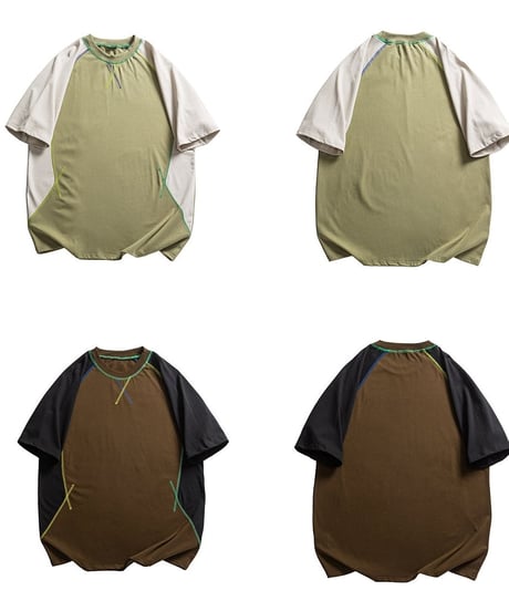 Color Stitch Wide Raglan Sleeve T-Shirt  / 2color