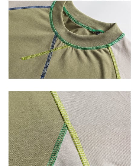 Color Stitch Wide Raglan Sleeve T-Shirt  / 2color