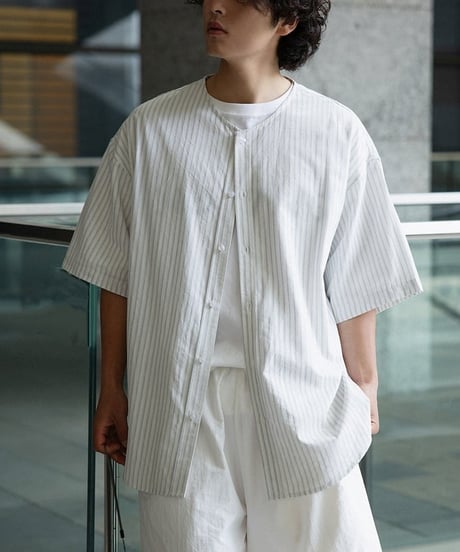 Collarless Stripe Short Sleeve Shirt