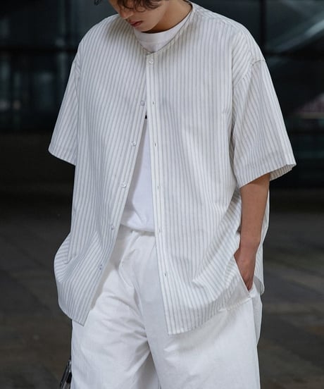 Collarless Stripe Short Sleeve Shirt