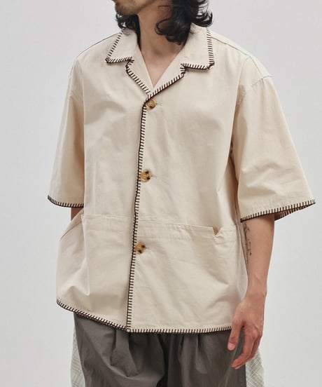 Stitch Piping Open Collar Wide Shirt  / 2color