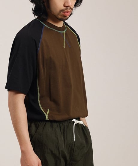 Color Stitch Wide Raglan Sleeve T-Shirt  / 2color
