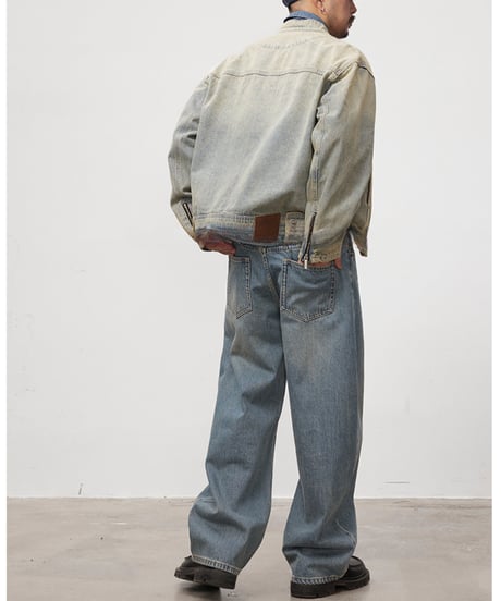 Vintage-Wash Stand-Up Collar Denim Jacket / 2color