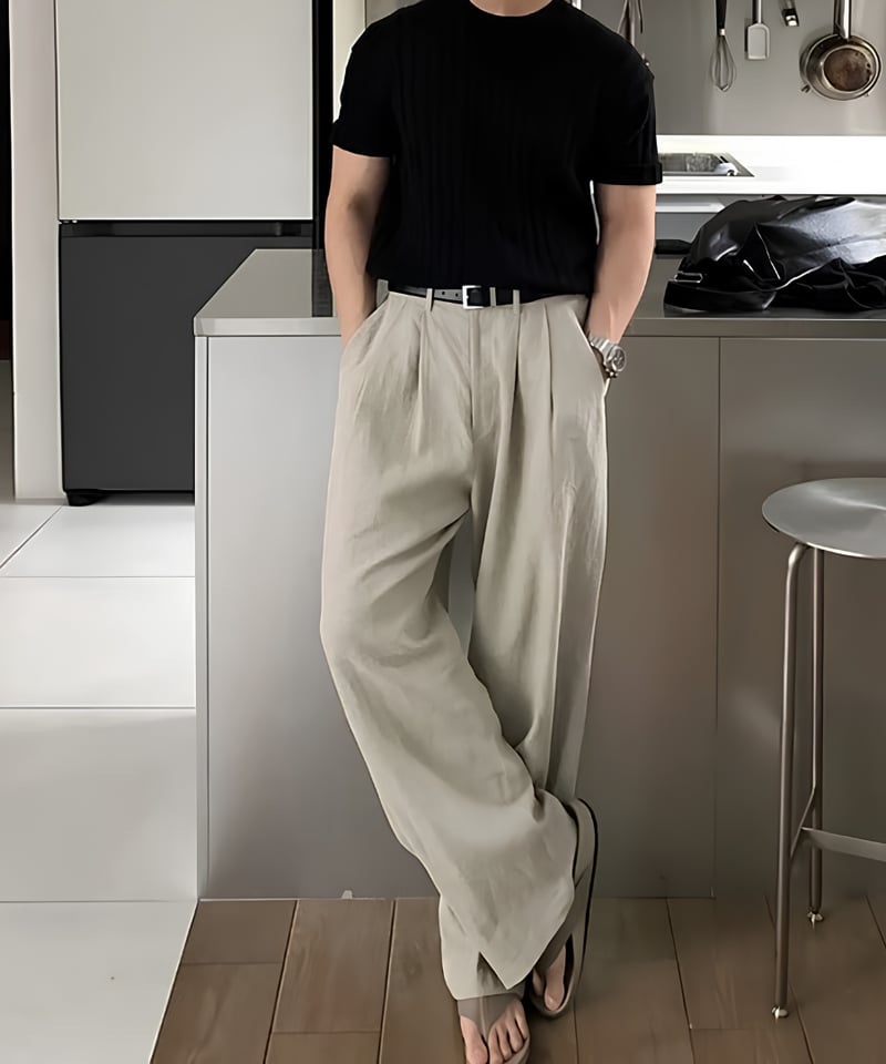Wide Straight Tuck Pants ［keels］ Relaxed-Fit Linen Wide Pants / 4color | keels