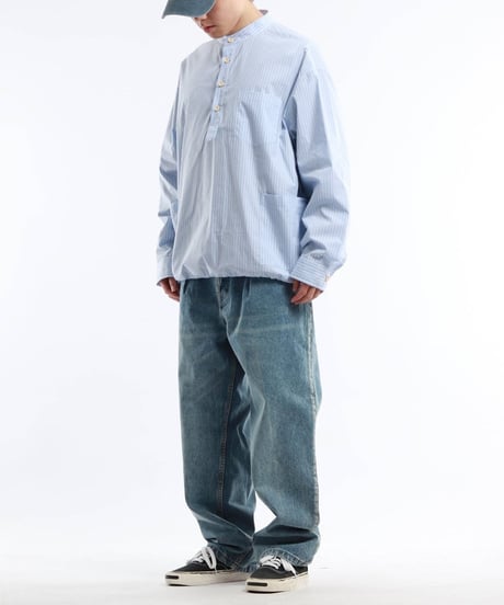 Pale Stripe Band Collar Pullover Shirt