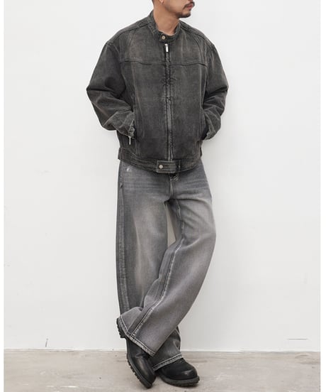 Vintage-Wash Stand-Up Collar Denim Jacket / 2color