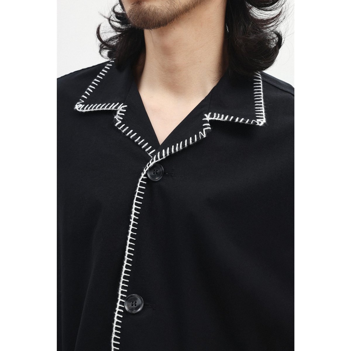 Stitch Piping Open Collar Wide Shirt / 2color