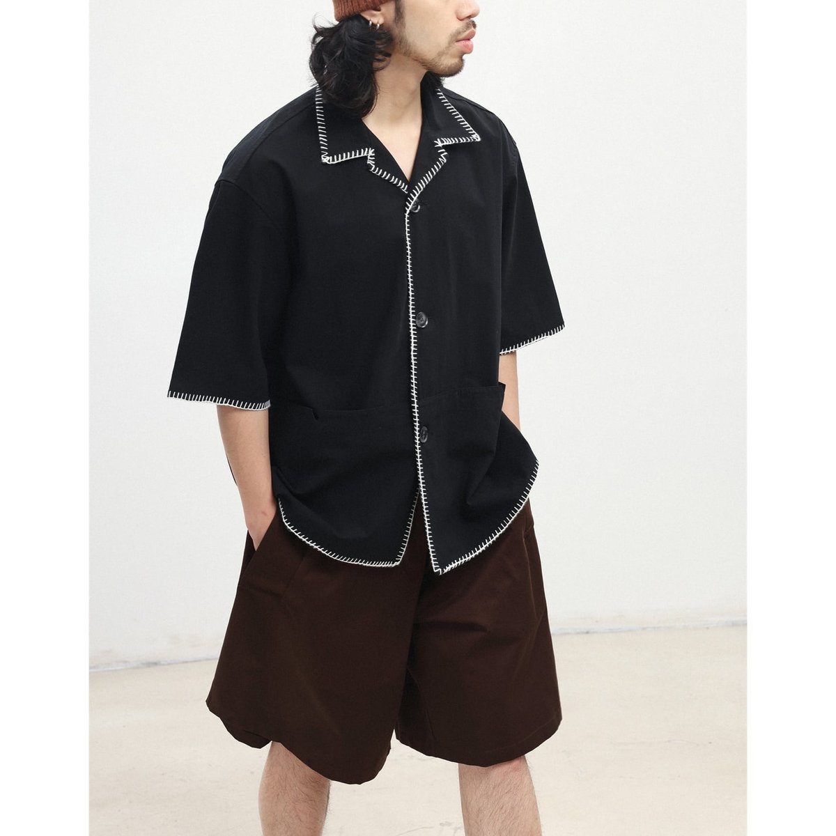 Stitch Piping Open Collar Wide Shirt / 2color