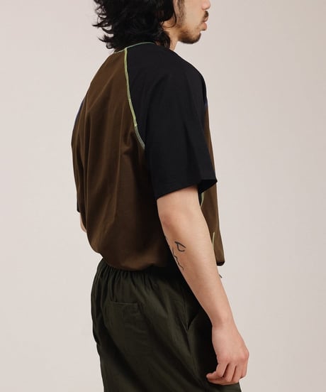 Color Stitch Wide Raglan Sleeve T-Shirt  / 2color