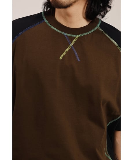 Color Stitch Wide Raglan Sleeve T-Shirt  / 2color