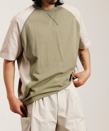 Color Stitch Wide Raglan Sleeve T-Shirt  / 2color
