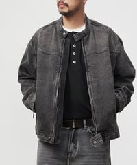 Vintage-Wash Stand-Up Collar Denim Jacket / 2color