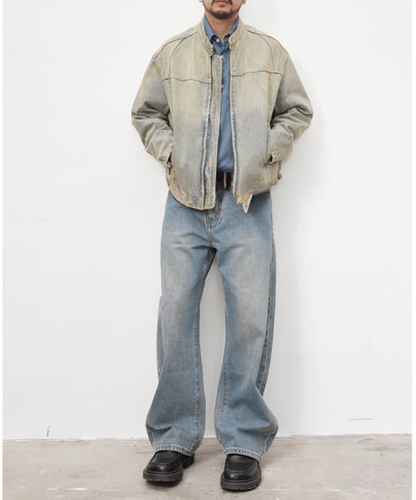 Vintage-Wash Stand-Up Collar Denim Jacket / 2color