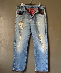 70~80s made in usa L.L. Bean Flannel Lined Jeans Leather Pocket damaged Denim