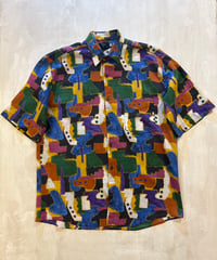 80s ~90s Bijan cotton linen art print shirt