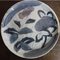 古伊万里　染付 牡丹花葉文 中皿B　江戸期(ほつ銀継)
