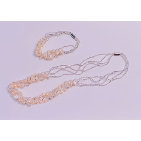 1823 オレンジピンク淡水パール磁石式ネックレス ブレスレットセット