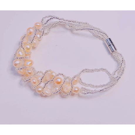 1823 オレンジピンク淡水パール磁石式ネックレス ブレスレットセット