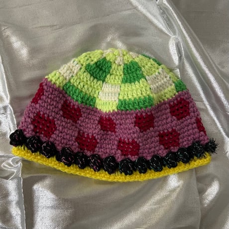【手編み帽子】チェック帽